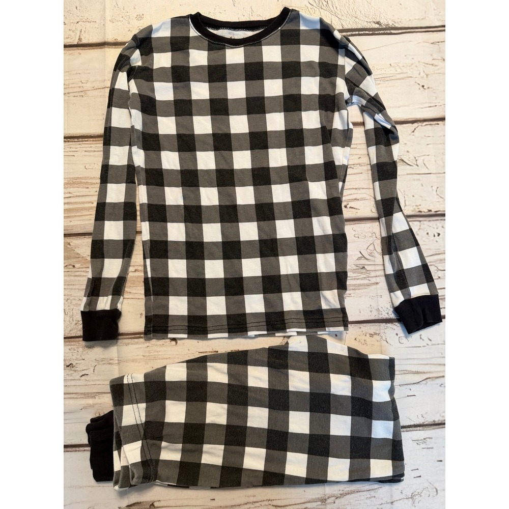 Leveret Kids Pajama Set Black White Buffalo Plaid Cotton Sleepwear Size 14 Years